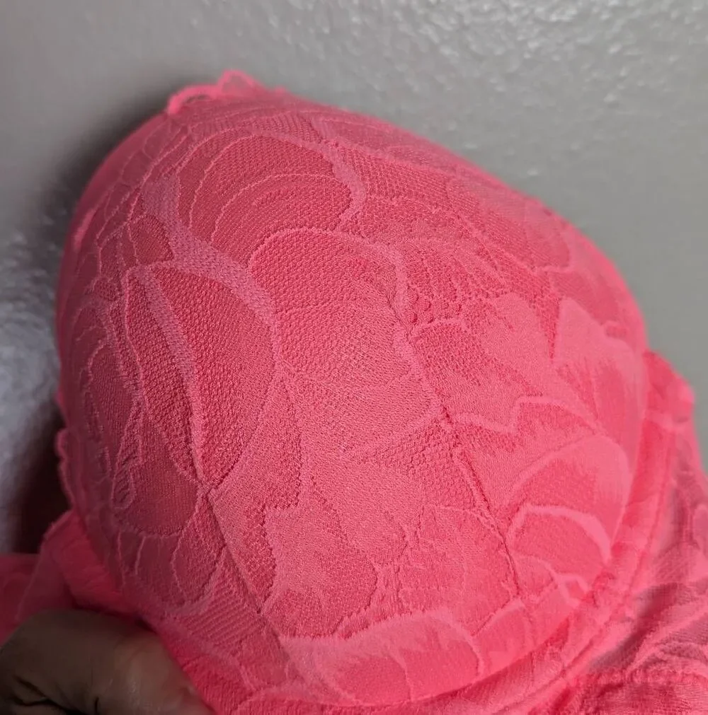 Cacique Hot Pink melon salmon lace boost plunge push up front close bra 44B